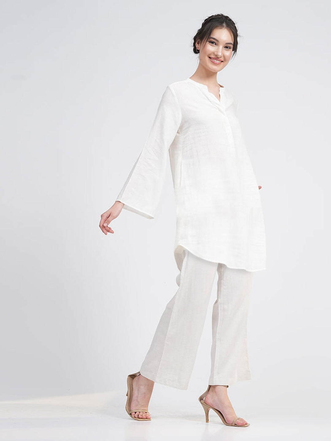 Co - ord SetLinen Solid Mandarin Neck Top with Trousers Co - ord SetSaltpetre