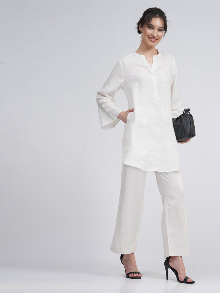 Co - ord SetLinen Solid Mandarin Neck Top with Trousers Co - ord SetSaltpetre