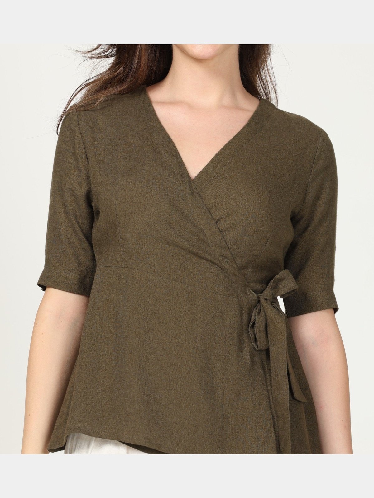 Linen Solid Olive Wrap Top | Flourish Planet
