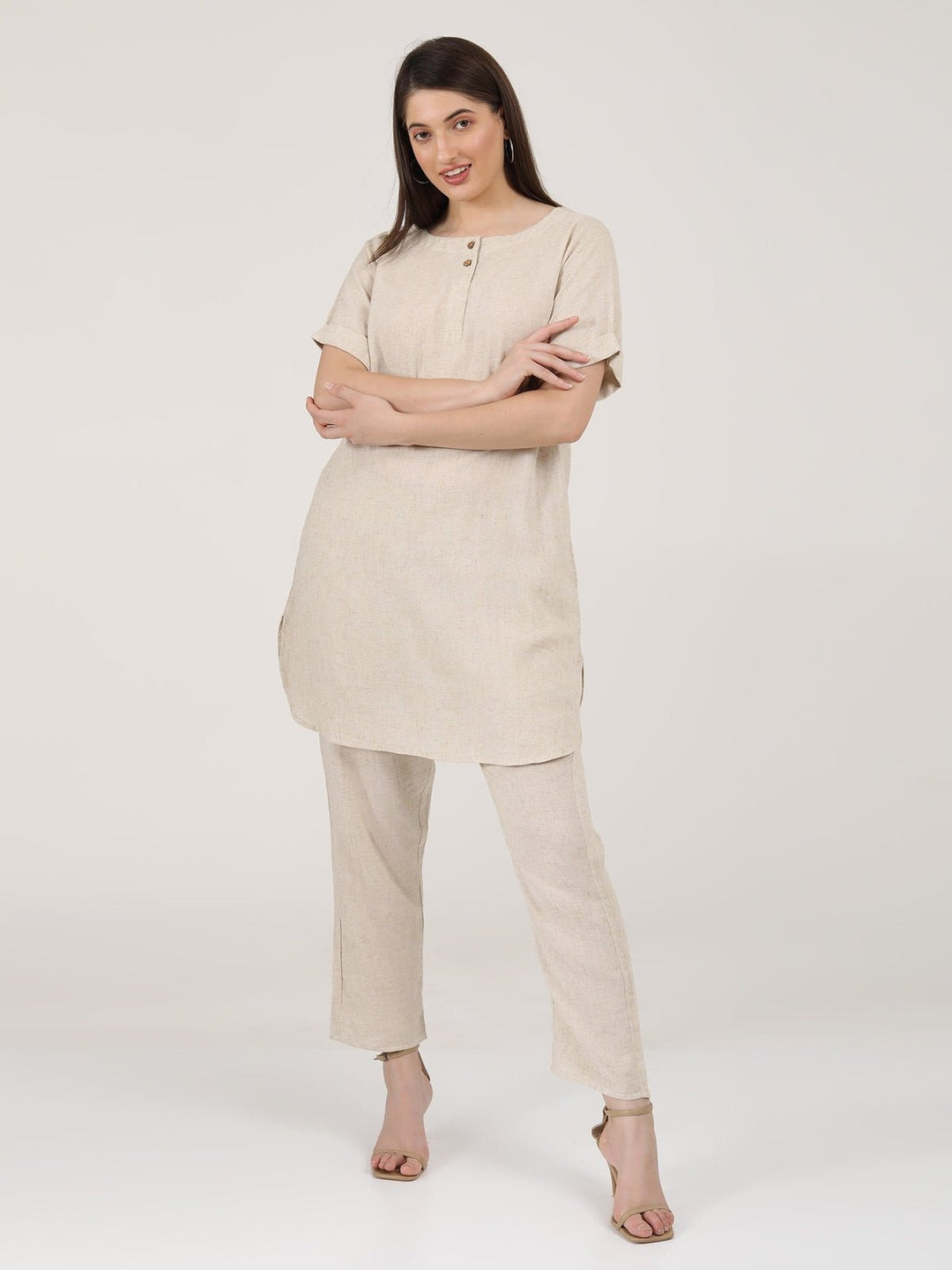 Co - ord SetLinen Solid Poised Tunic with Tapered Leg Trousers Co - ord SetSaltpetre