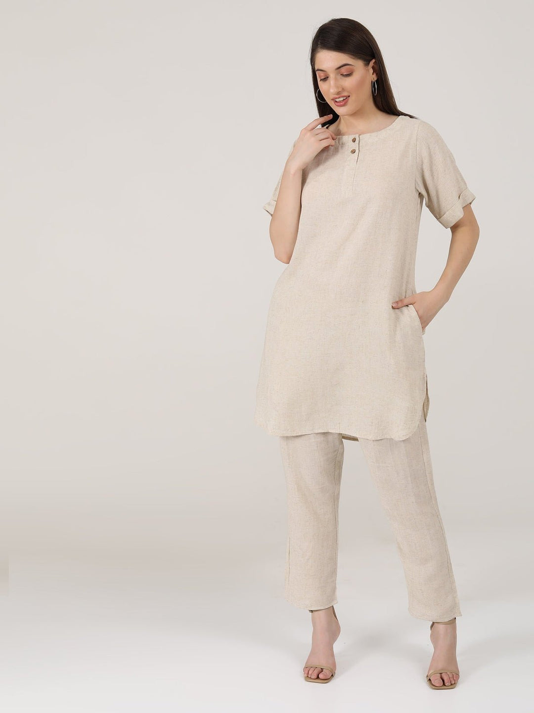 Co - ord SetLinen Solid Poised Tunic with Tapered Leg Trousers Co - ord SetSaltpetre