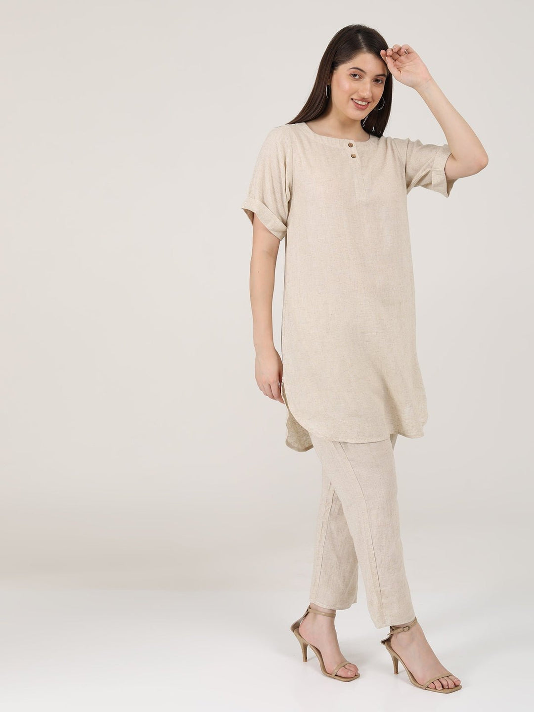 Co - ord SetLinen Solid Poised Tunic with Tapered Leg Trousers Co - ord SetSaltpetre