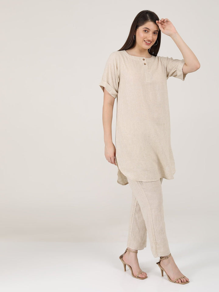 Co - ord SetLinen Solid Poised Tunic with Tapered Leg Trousers Co - ord SetSaltpetre