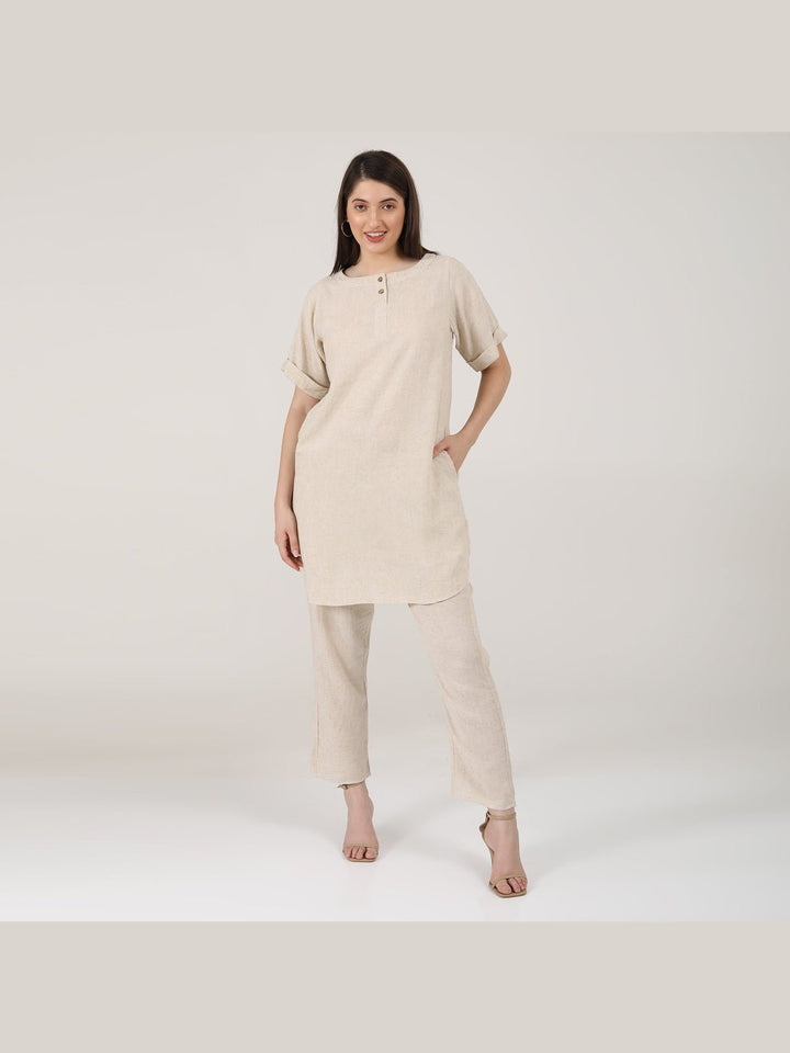 Co - ord SetLinen Solid Poised Tunic with Tapered Leg Trousers Co - ord SetSaltpetre