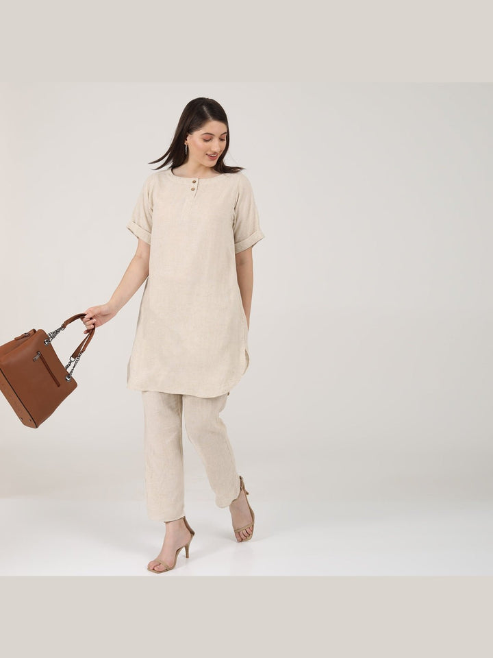 Co - ord SetLinen Solid Poised Tunic with Tapered Leg Trousers Co - ord SetSaltpetre