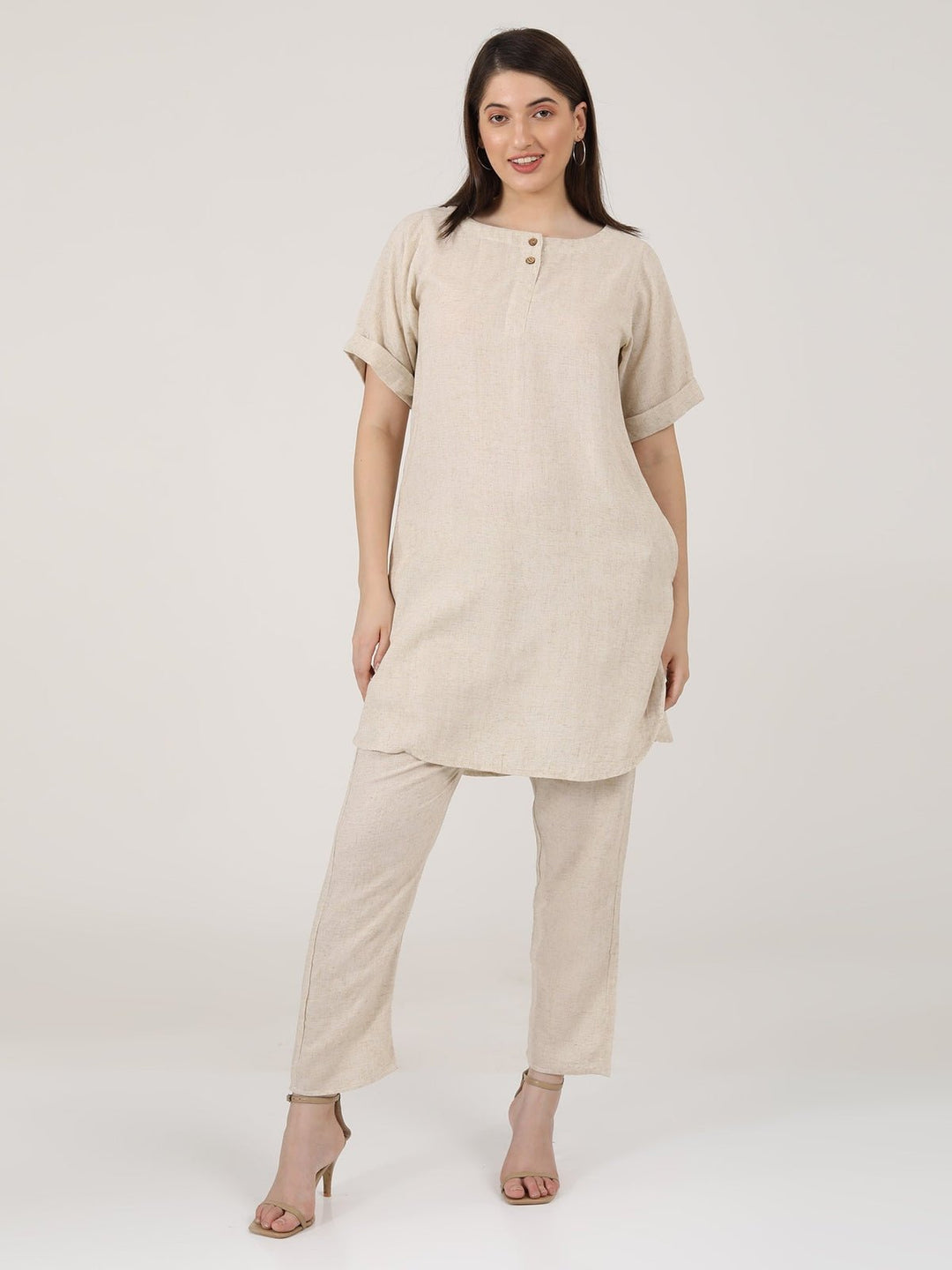 Co - ord SetLinen Solid Poised Tunic with Tapered Leg Trousers Co - ord SetSaltpetre