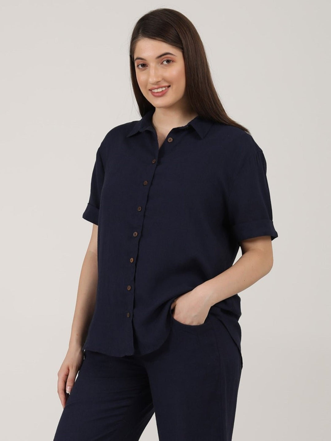 TopsLinen Solid Short Sleeve ShirtSaltpetre