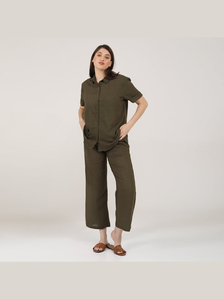 Co - ord SetLinen Solid Short Sleeve Shirt with Wide Leg Pants Co - ord SetSaltpetre