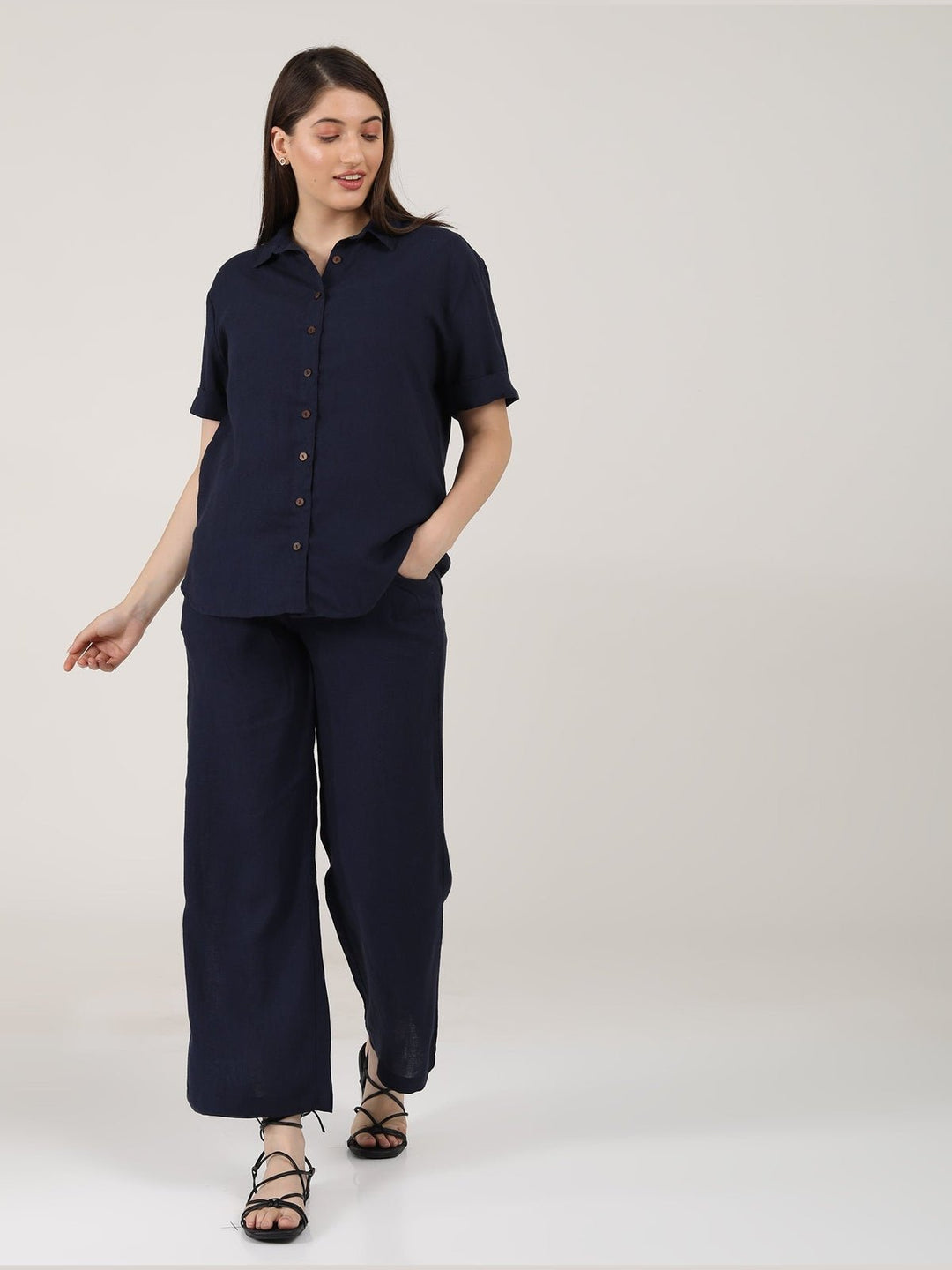 Co - ord SetLinen Solid Short Sleeve Shirt with Wide Leg Pants Co - ord SetSaltpetre