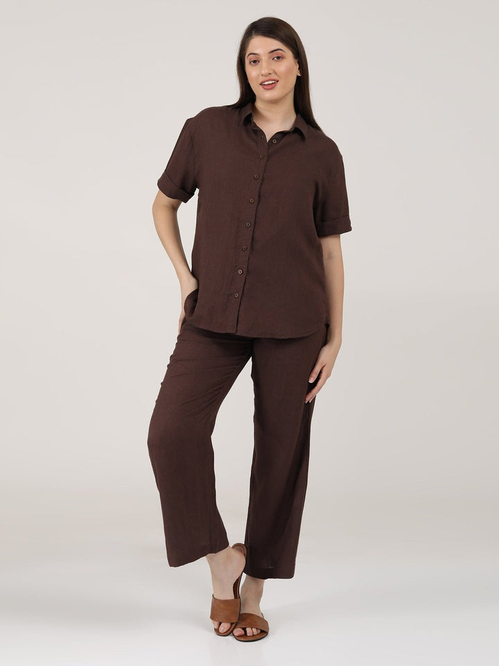 Co - ord SetLinen Solid Short Sleeve Shirt with Wide Leg Pants Co - ord SetSaltpetre