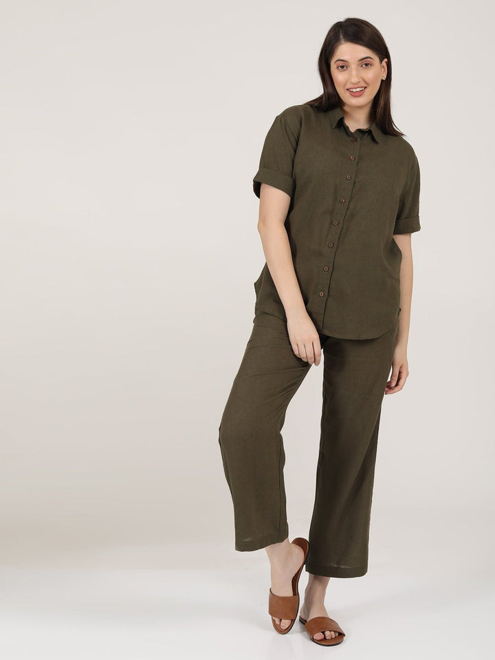 Co - ord SetLinen Solid Short Sleeve Shirt with Wide Leg Pants Co - ord SetSaltpetre