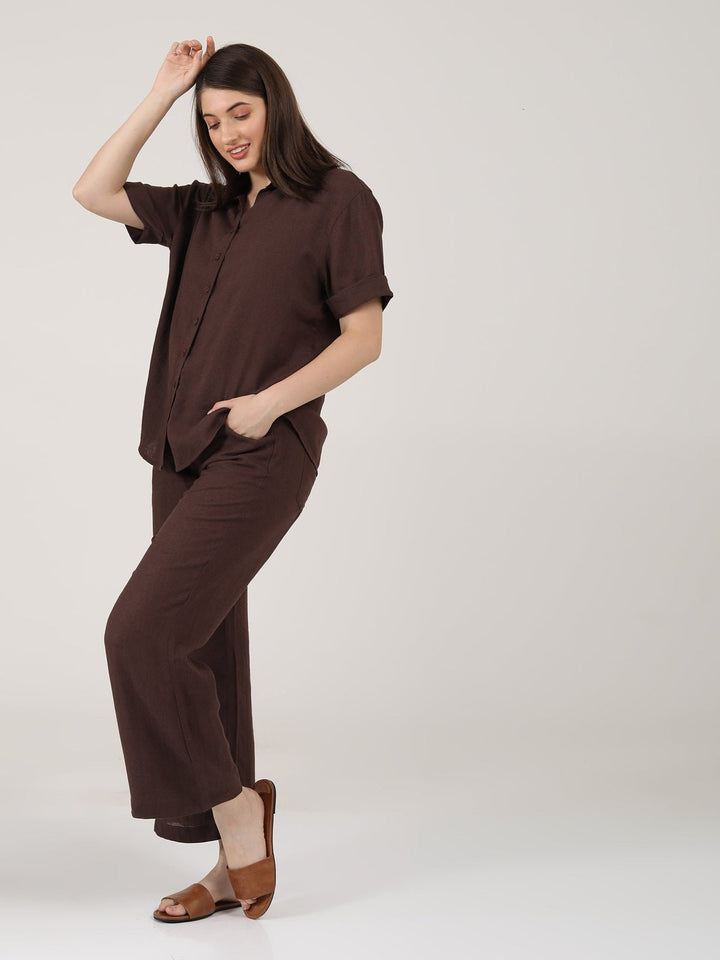 Co - ord SetLinen Solid Short Sleeve Shirt with Wide Leg Pants Co - ord SetSaltpetre