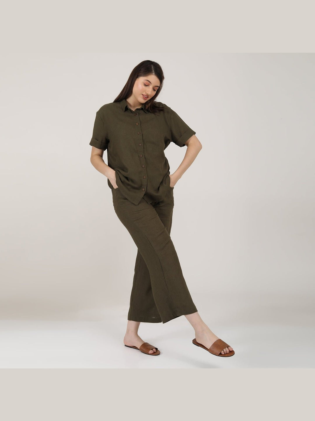 Co - ord SetLinen Solid Short Sleeve Shirt with Wide Leg Pants Co - ord SetSaltpetre