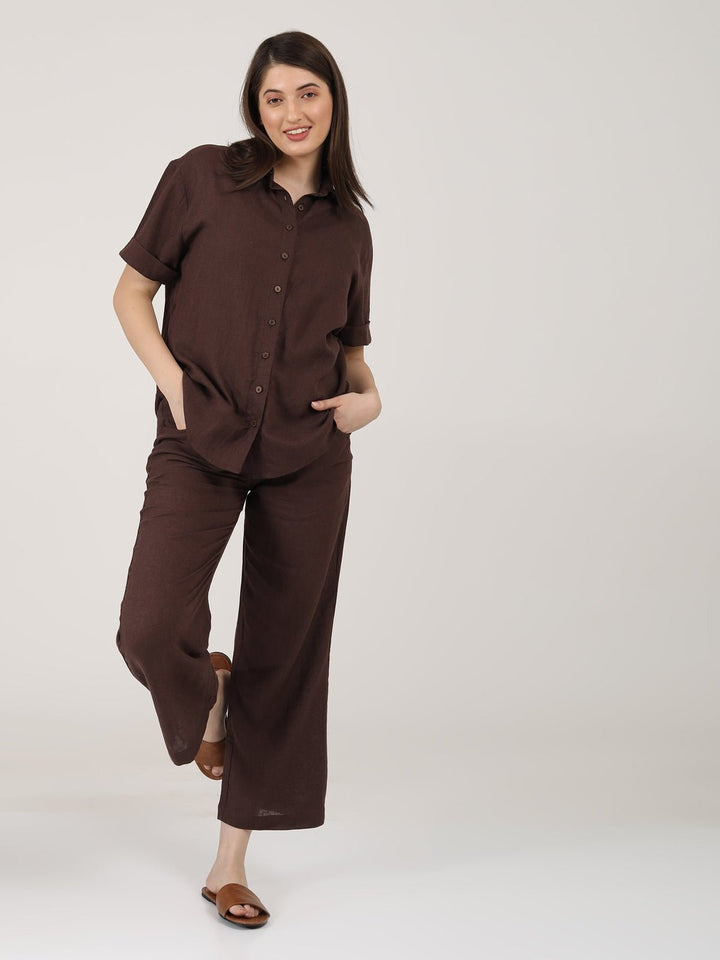 Co - ord SetLinen Solid Short Sleeve Shirt with Wide Leg Pants Co - ord SetSaltpetre