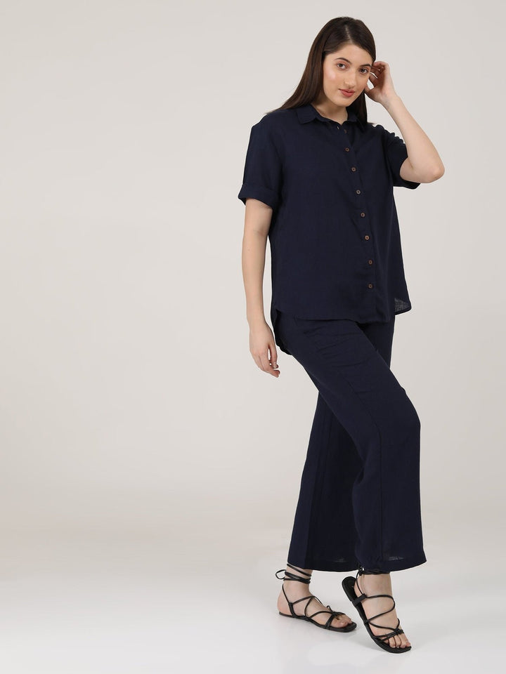 Co - ord SetLinen Solid Short Sleeve Shirt with Wide Leg Pants Co - ord SetSaltpetre