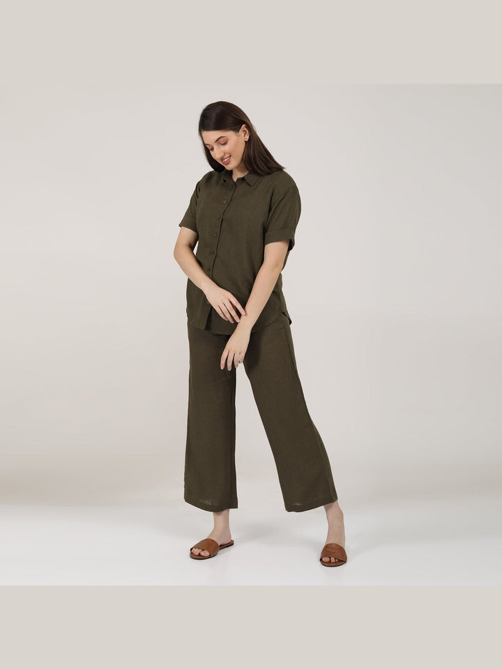 Co - ord SetLinen Solid Short Sleeve Shirt with Wide Leg Pants Co - ord SetSaltpetre