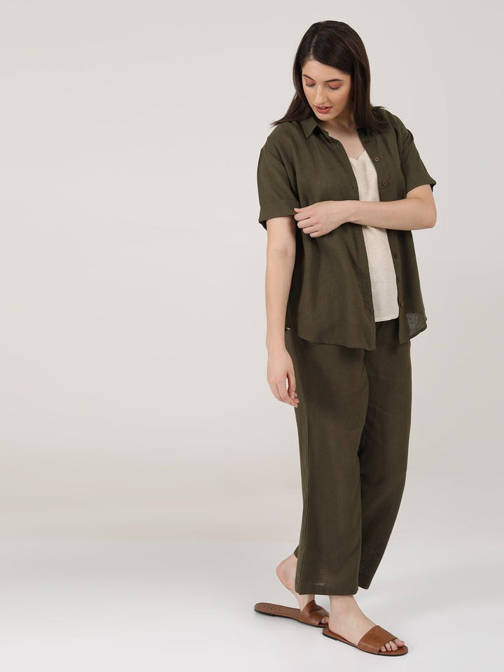 Co - ord SetLinen Solid Slip Top with Shirt and Wide Leg Pants 3 - Piece Co - ord SetSaltpetre