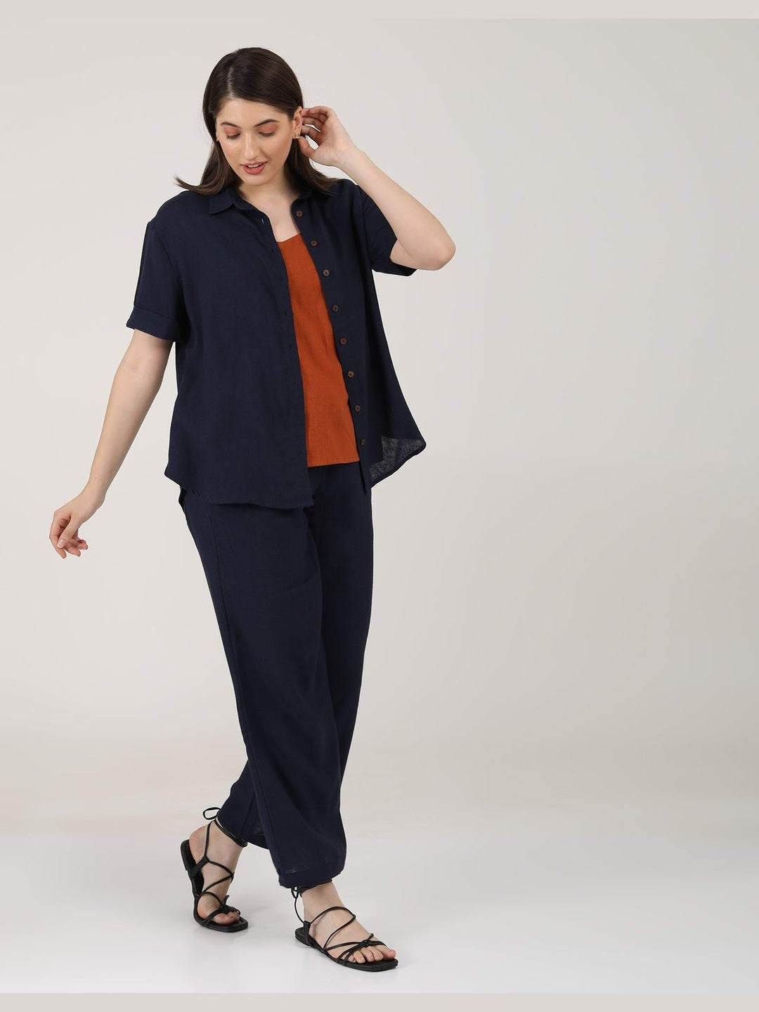 Co - ord SetLinen Solid Slip Top with Shirt and Wide Leg Pants 3 - Piece Co - ord SetSaltpetre