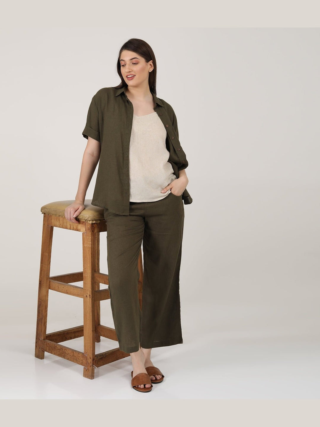 Co - ord SetLinen Solid Slip Top with Shirt and Wide Leg Pants 3 - Piece Co - ord SetSaltpetre