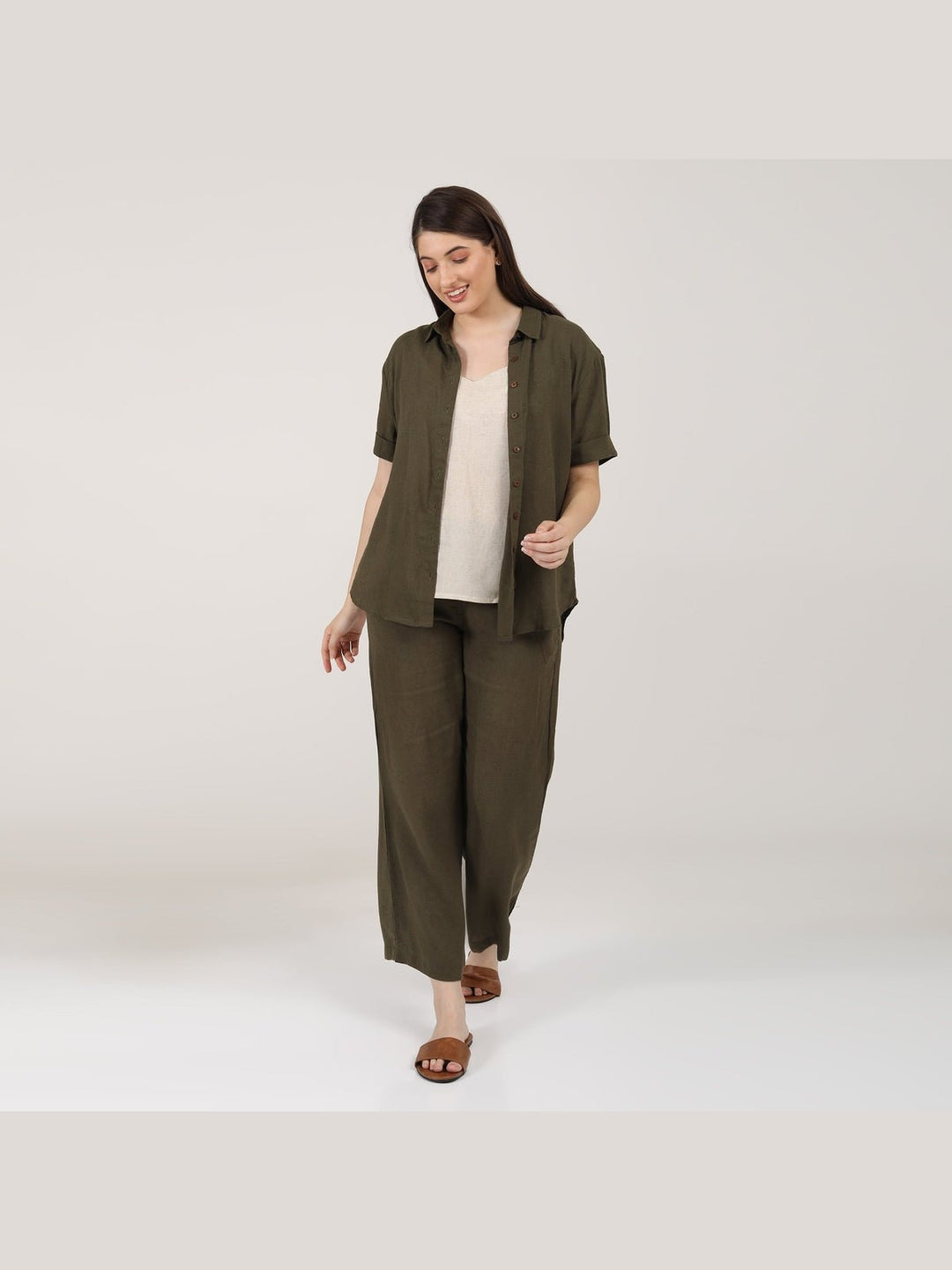 Co - ord SetLinen Solid Slip Top with Shirt and Wide Leg Pants 3 - Piece Co - ord SetSaltpetre