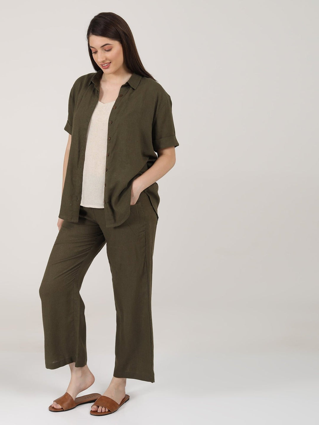 Co - ord SetLinen Solid Slip Top with Shirt and Wide Leg Pants 3 - Piece Co - ord SetSaltpetre