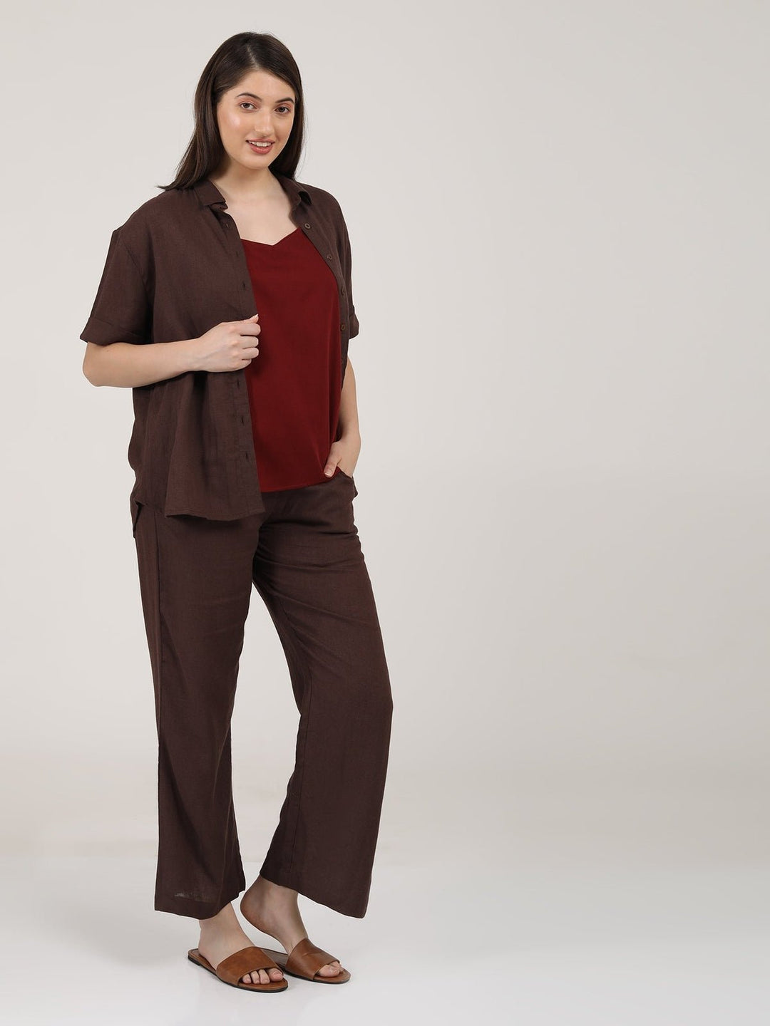 Co - ord SetLinen Solid Slip Top with Shirt and Wide Leg Pants 3 - Piece Co - ord SetSaltpetre