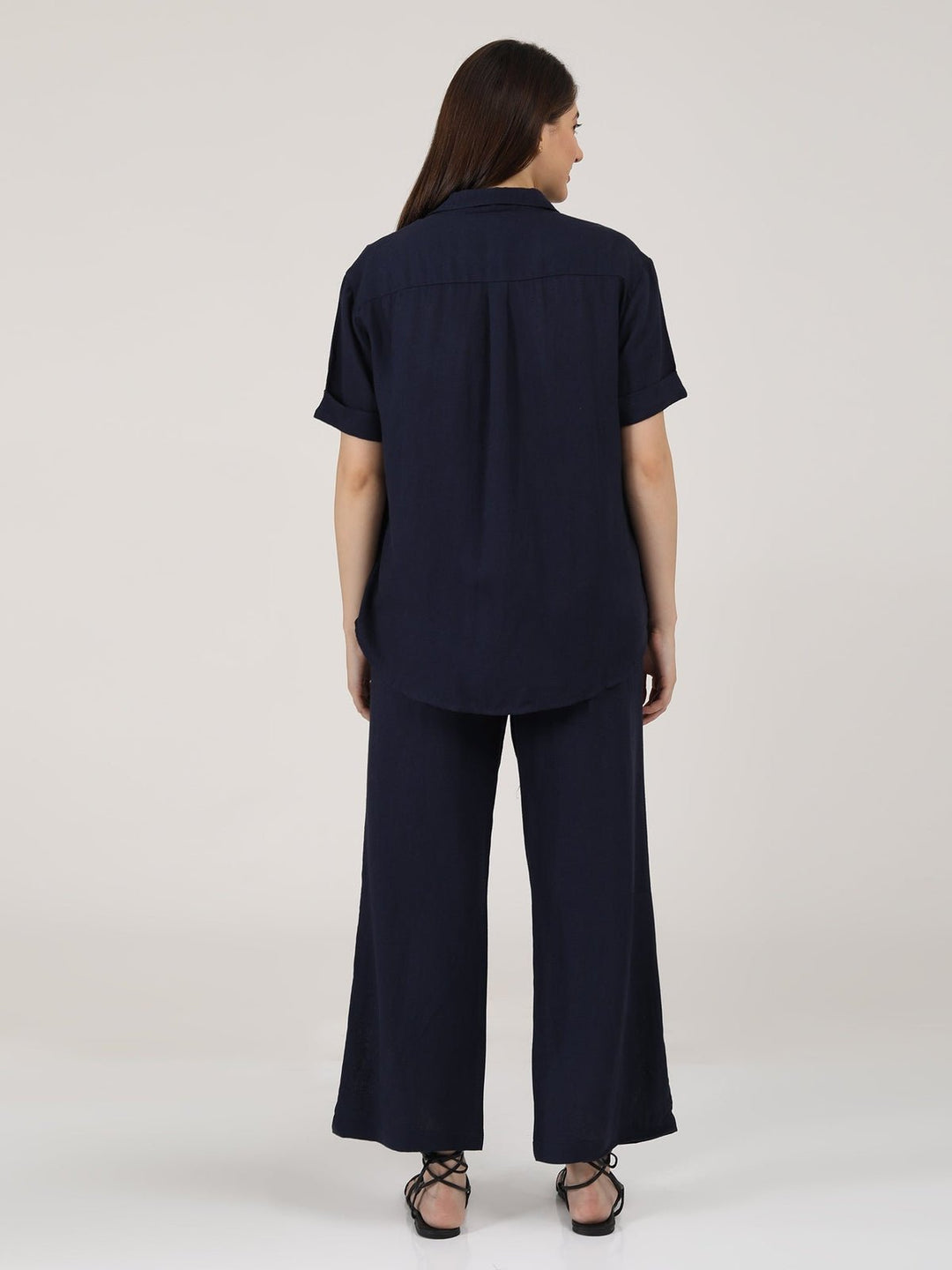 Co - ord SetLinen Solid Slip Top with Shirt and Wide Leg Pants 3 - Piece Co - ord SetSaltpetre