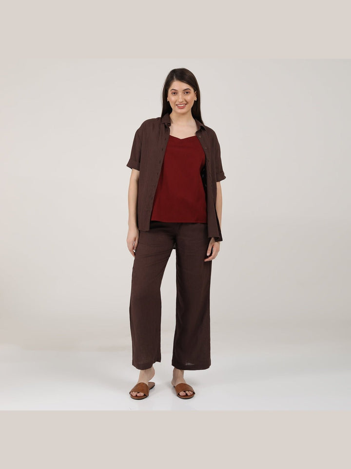 Co - ord SetLinen Solid Slip Top with Shirt and Wide Leg Pants 3 - Piece Co - ord SetSaltpetre