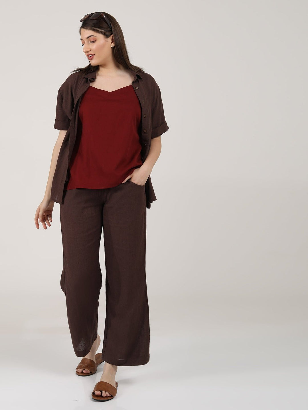 Co - ord SetLinen Solid Slip Top with Shirt and Wide Leg Pants 3 - Piece Co - ord SetSaltpetre