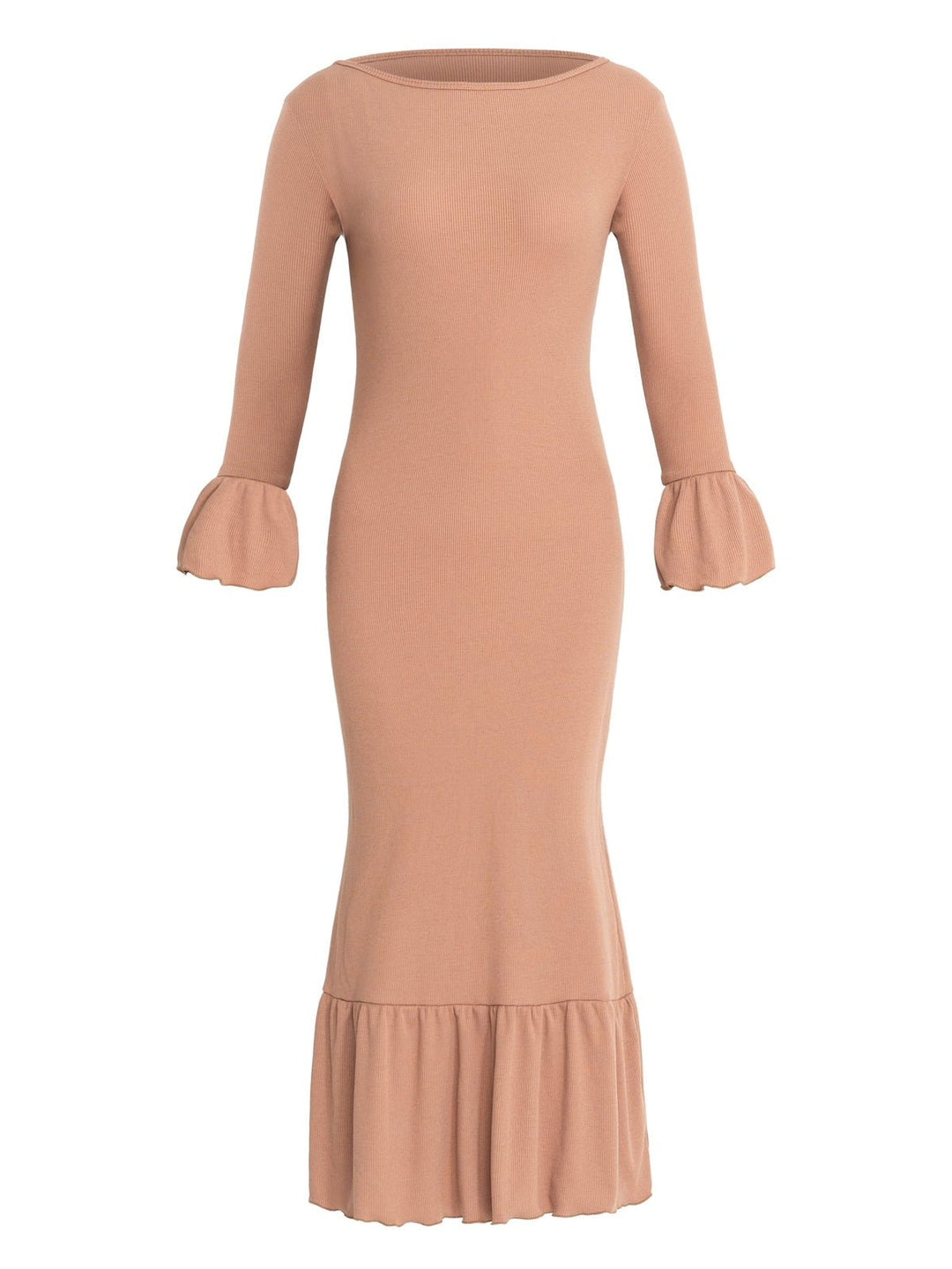 DressesMARJORIE Ruffle Rib Dress, in Camel BrownBrunnaCo