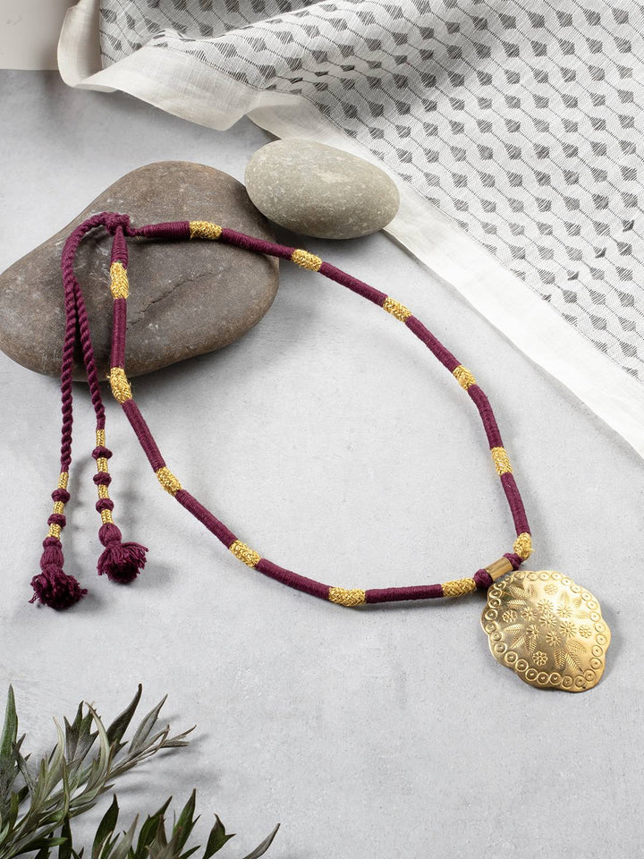 NecklaceMaroon & Golden Patwa Thread Necklace with Gold - Toned Floral PendantKaladoraFlourish Planet