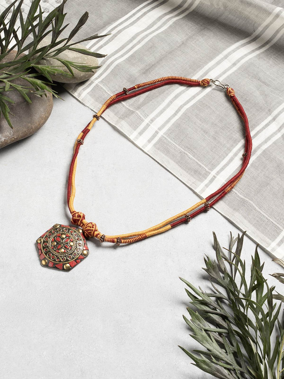 NecklaceMaroon & Mustard Patwa Thread Necklace with Antique PendantKaladoraFlourish Planet