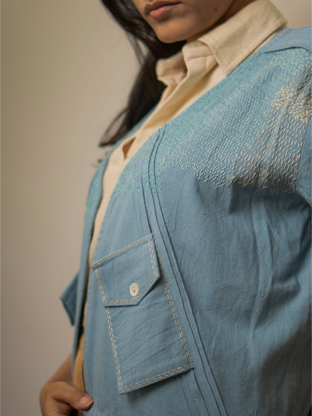 JacketsMateriality Unisex Cropped Half Sleeve Jacket BlueLafaaniFlourish Planet