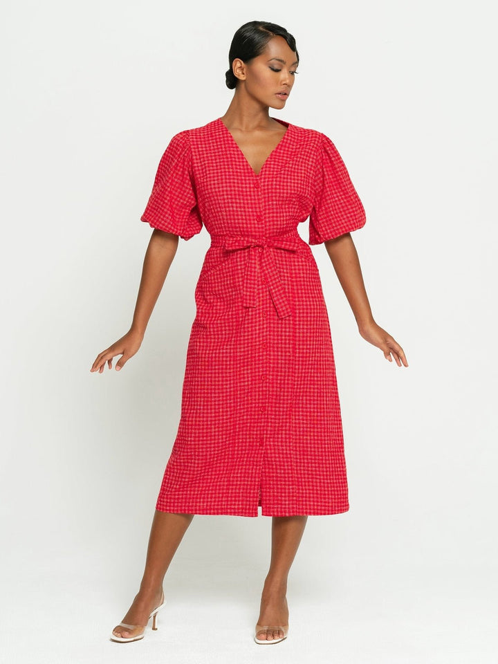 DressesMEGHAN Gingham Hemp Midi Dress, in Scarlet RedBrunnaCo