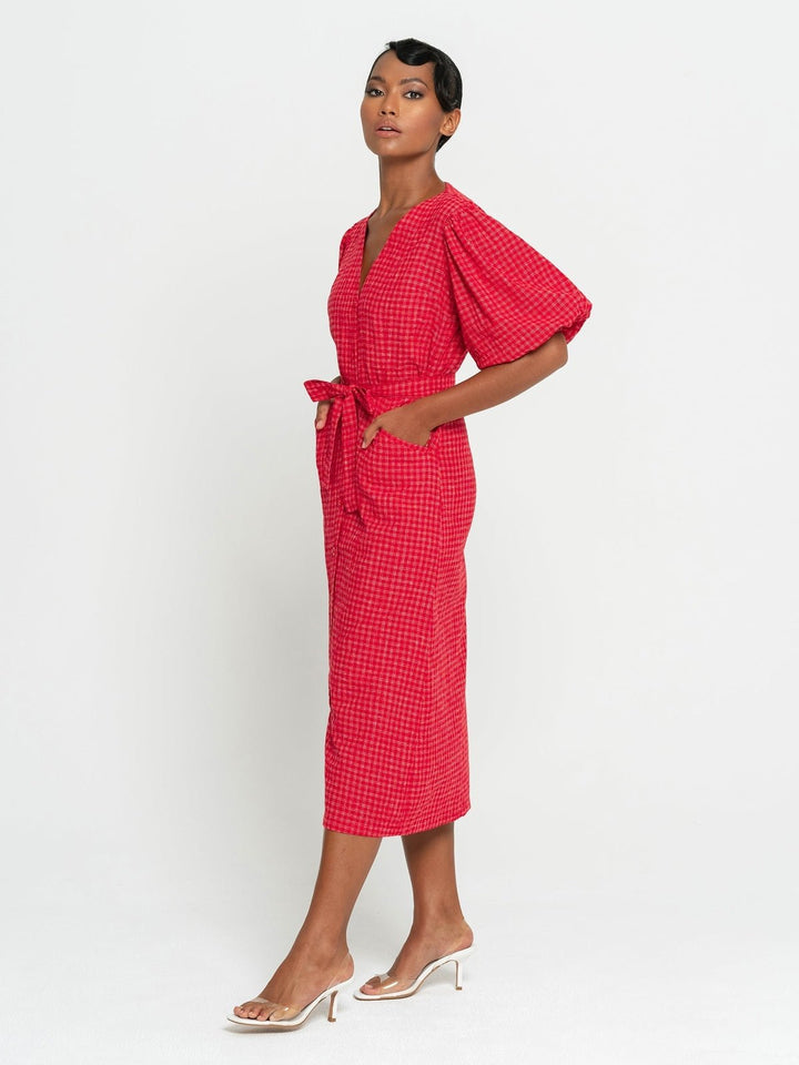 DressesMEGHAN Gingham Hemp Midi Dress, in Scarlet RedBrunnaCo