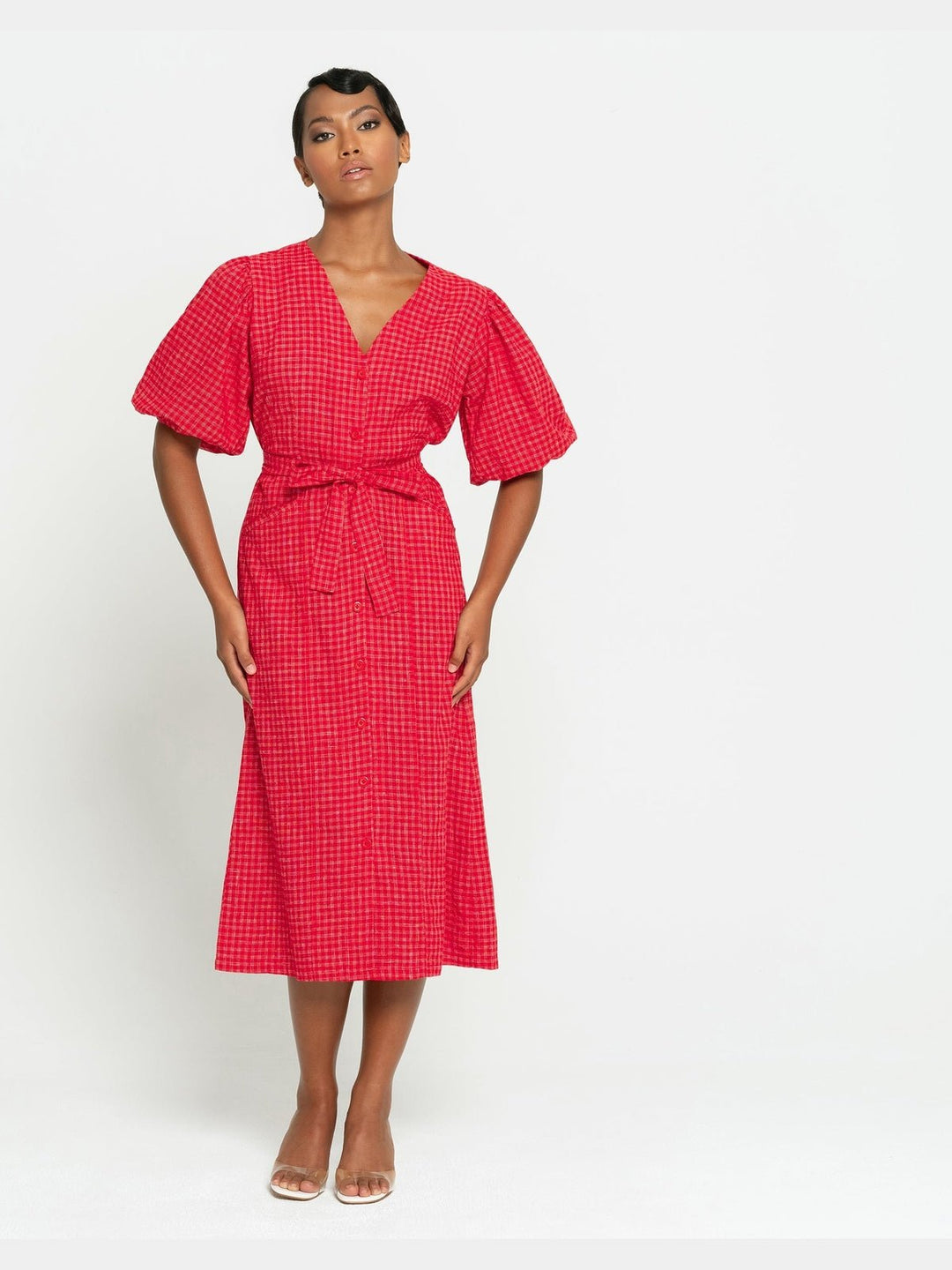 DressesMEGHAN Gingham Hemp Midi Dress, in Scarlet RedBrunnaCo