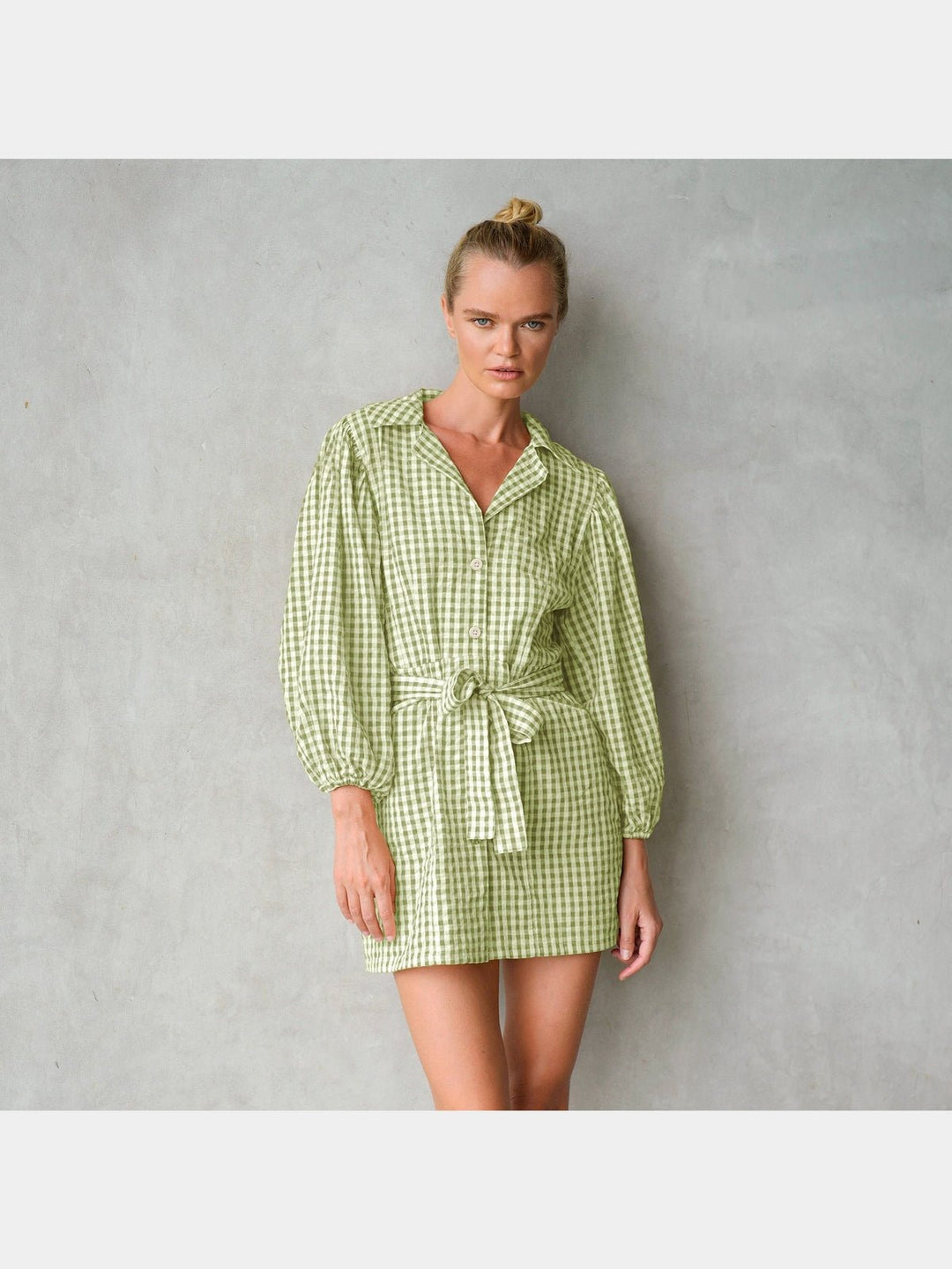 DressesMEGHAN Mini Gingham Dress, in Olive GreenBrunnaCo