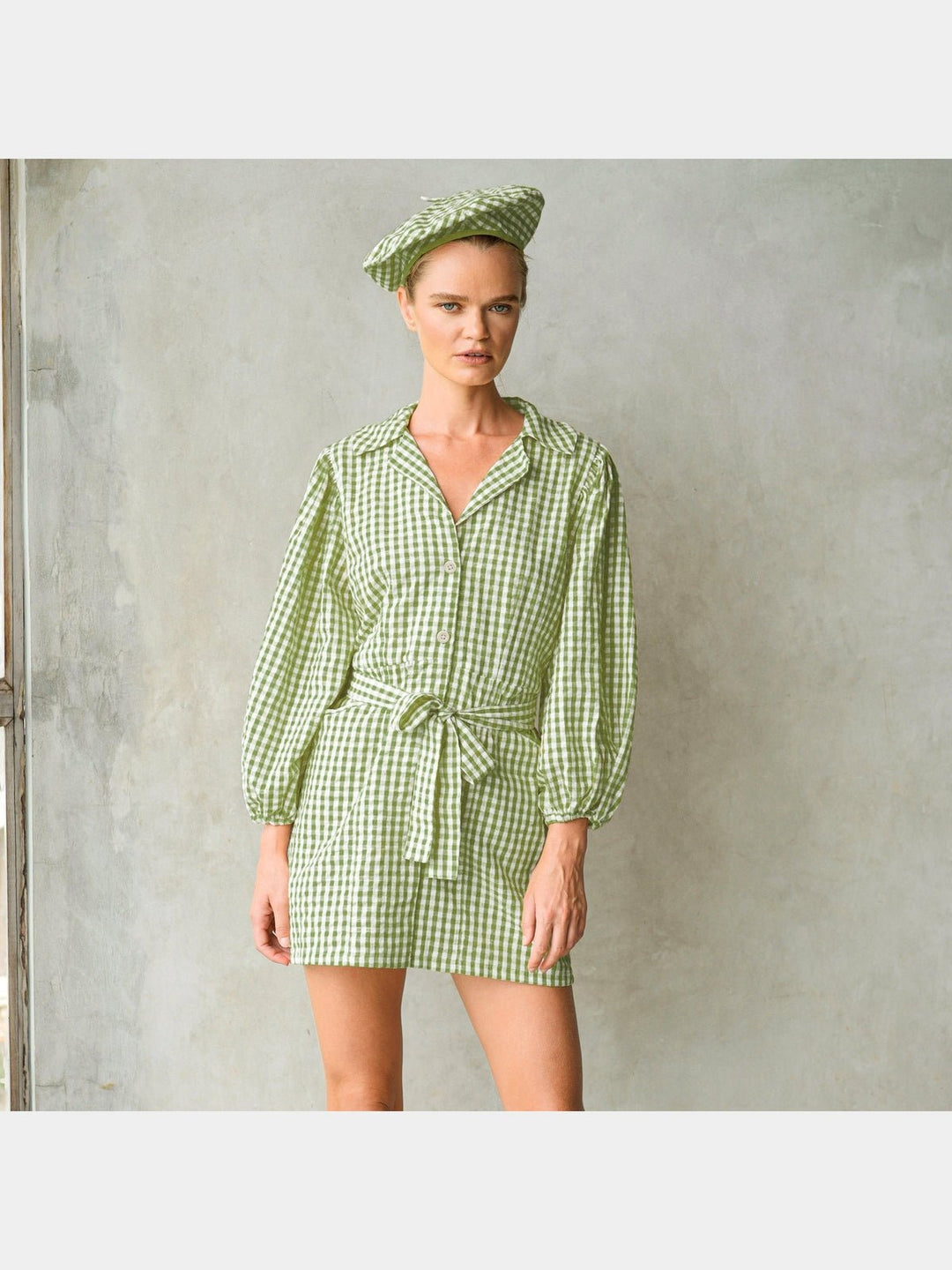 DressesMEGHAN Mini Gingham Dress, in Olive GreenBrunnaCo