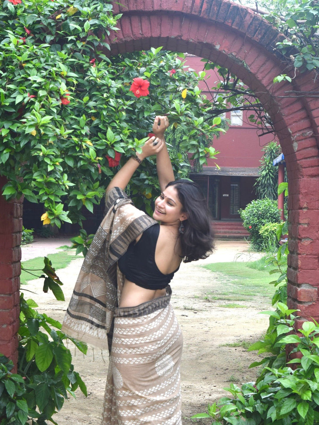 SareesMitti Di Khushboo Beige Hand Block Printed Katan silk & linen SareePolki by Bhagwati SareesFlourish Planet