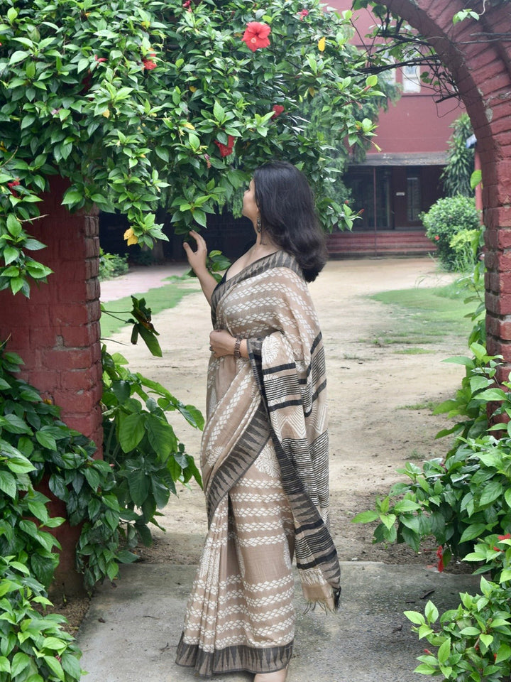 SareesMitti Di Khushboo Beige Hand Block Printed Katan silk & linen SareePolki by Bhagwati SareesFlourish Planet