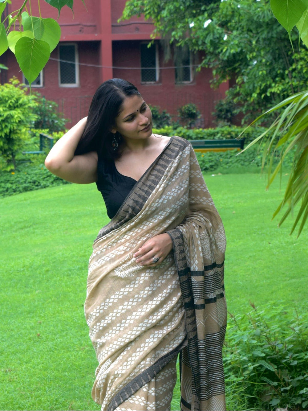 SareesMitti Di Khushboo Beige Hand Block Printed Katan silk & linen SareePolki by Bhagwati SareesFlourish Planet