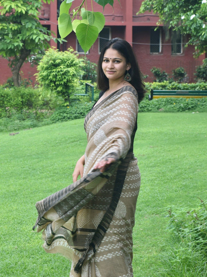 SareesMitti Di Khushboo Beige Hand Block Printed Katan silk & linen SareePolki by Bhagwati SareesFlourish Planet