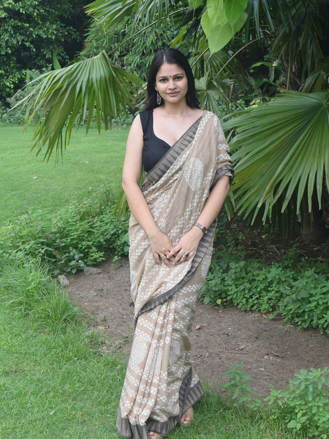 SareesMitti Di Khushboo Beige Hand Block Printed Katan silk & linen SareePolki by Bhagwati SareesFlourish Planet