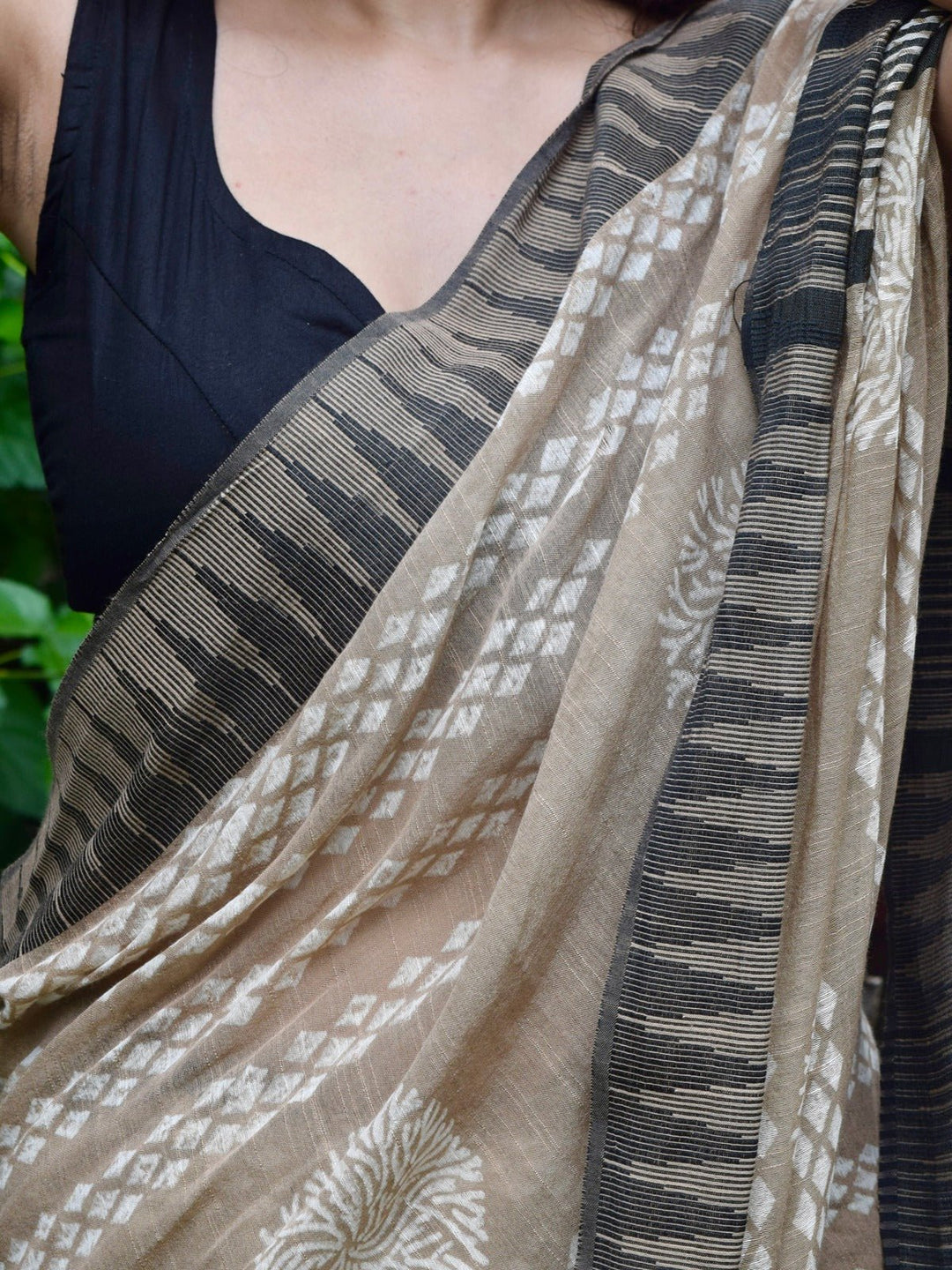 SareesMitti Di Khushboo Beige Hand Block Printed Katan silk & linen SareePolki by Bhagwati SareesFlourish Planet