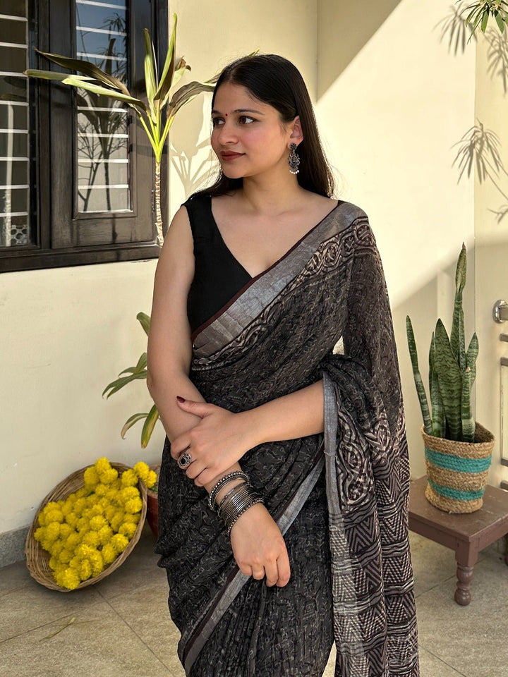 SareesMitti Magic Brown Linen SareePolki by Bhagwati SareesFlourish Planet