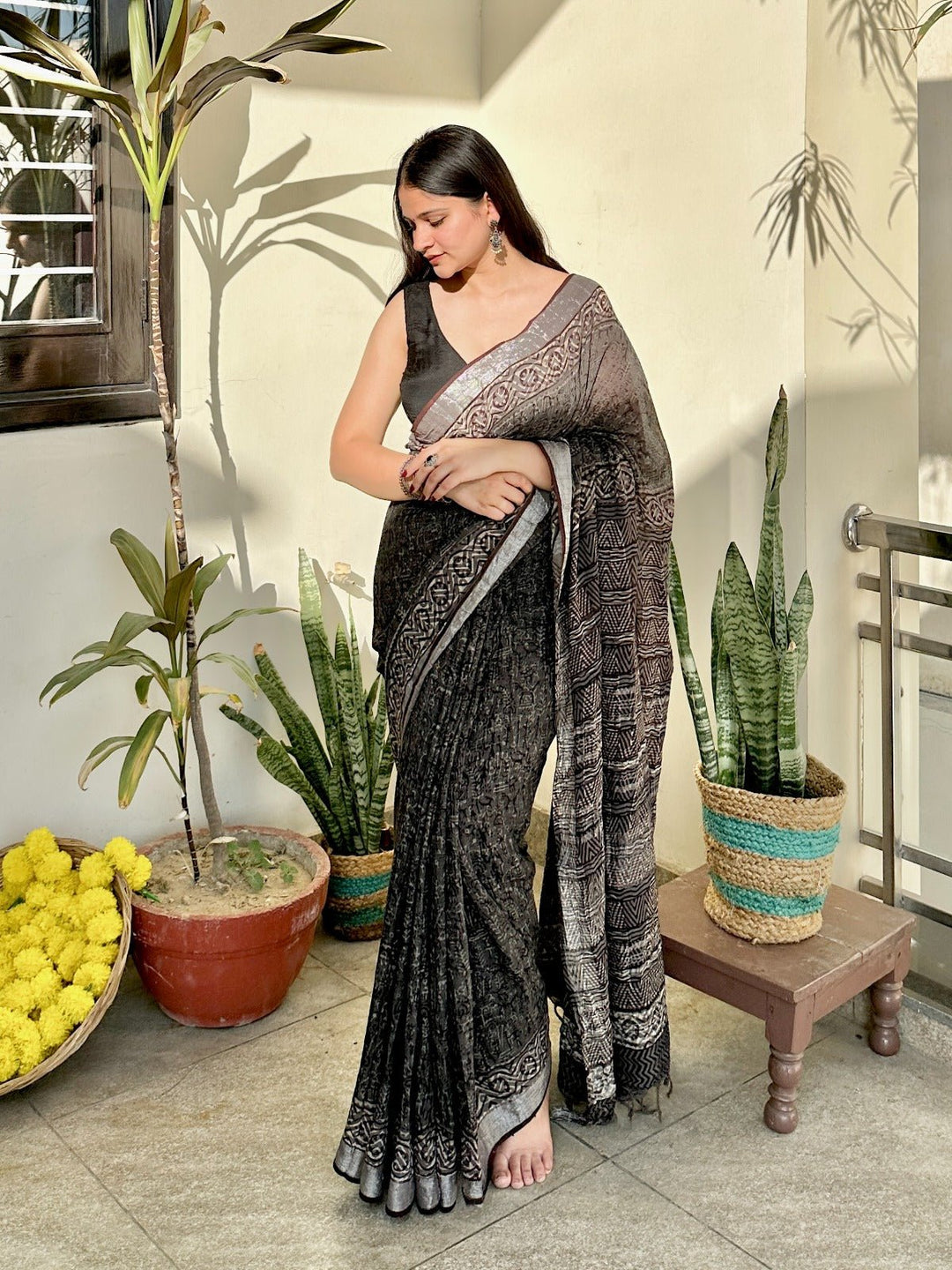 SareesMitti Magic Brown Linen SareePolki by Bhagwati SareesFlourish Planet