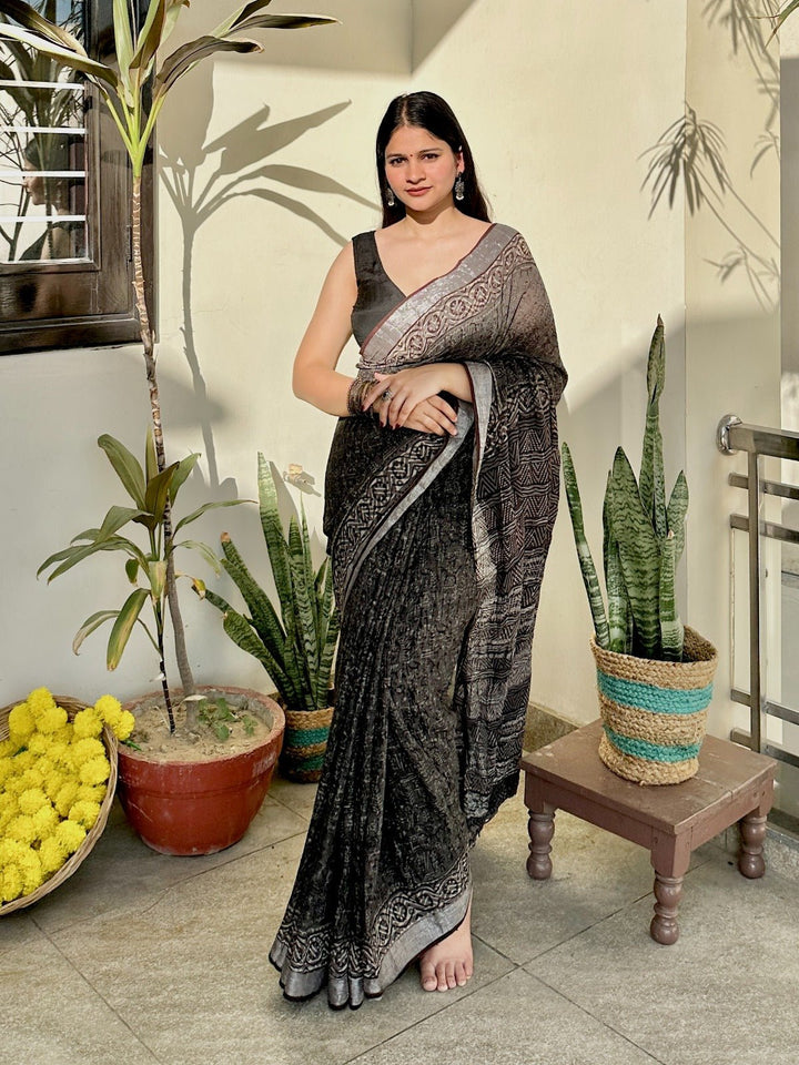 SareesMitti Magic Brown Linen SareePolki by Bhagwati SareesFlourish Planet