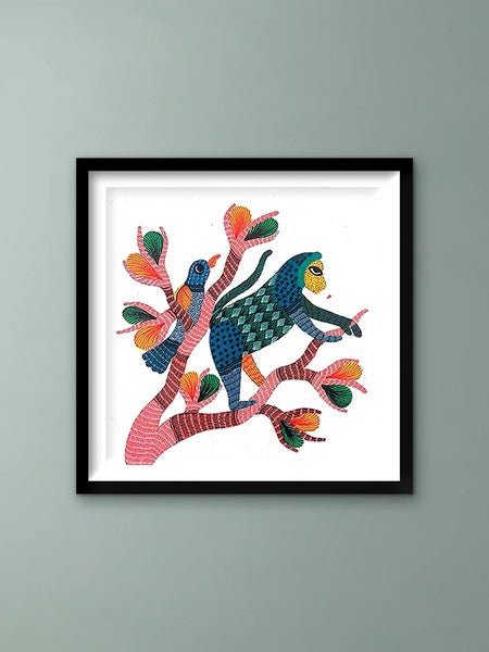 Home DecorMonkey and Bird on a Blooming Tree - Gond PaintingKailash PradhanFlourish Planet