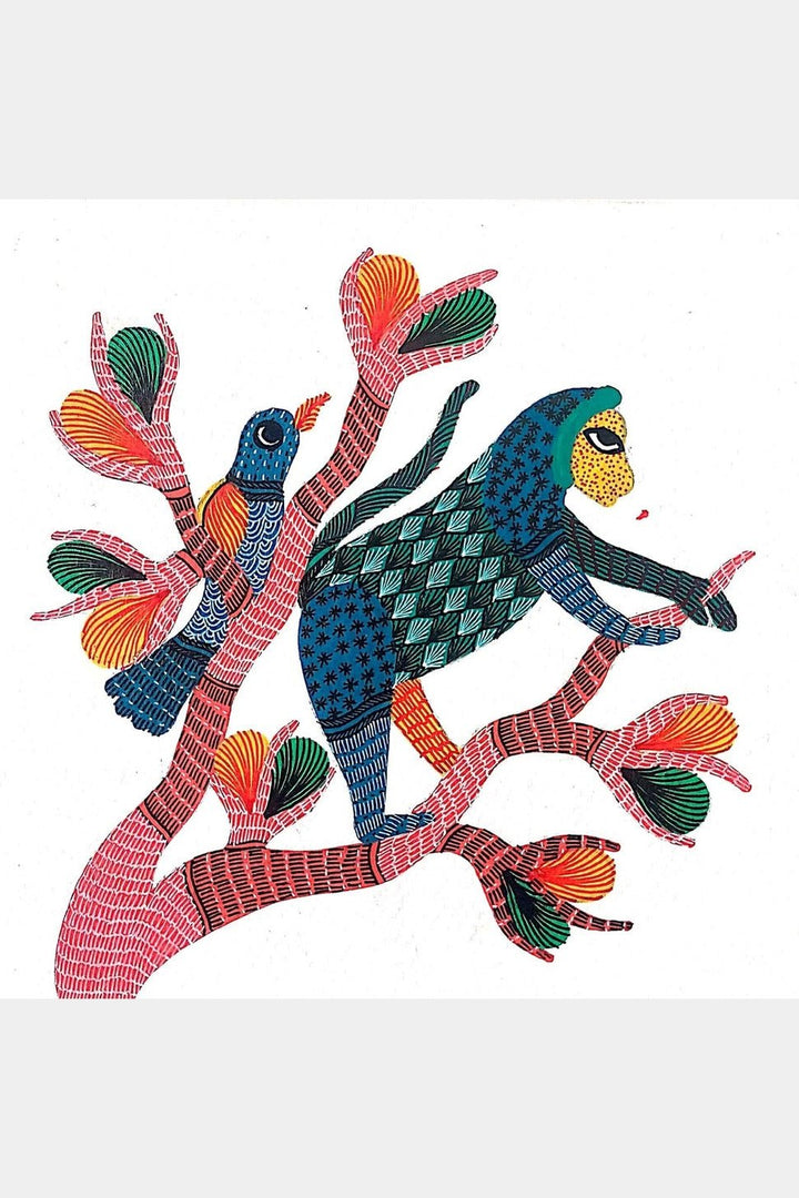 Home DecorMonkey and Bird on a Blooming Tree - Gond PaintingKailash PradhanFlourish Planet