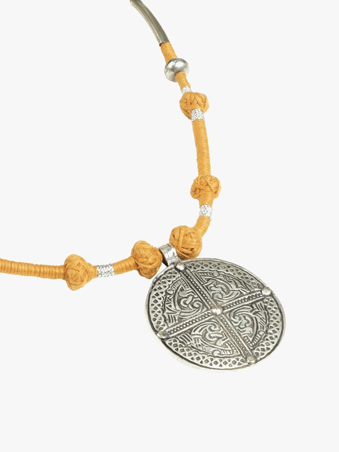 NecklaceMustard Patwa Thread Necklace with Silver - Toned Round PendantKaladoraFlourish Planet